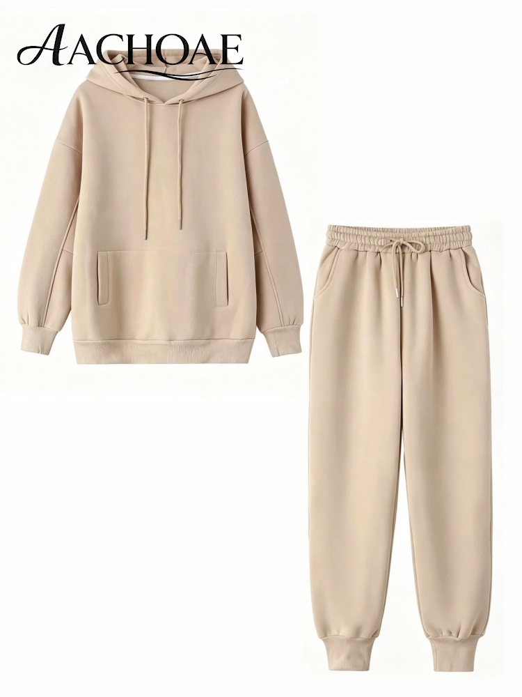 Joggers Pants - ชุดเซ็ตเสื้อฮู้ดและกางเกงจ็อกเกอร์สำหรับผู้หญิง AACHOAE ชุดลำลองผ้าฟลีซสองชิ้น ชุดฮู้ดเข้าชุด ชุดเข้าคู่